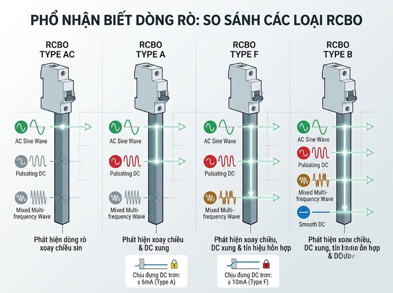 RCBO Type AC, A, F và B khác nhau thế nào?